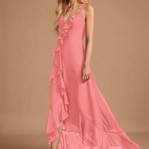A-Line V-neck Asymmetrical Bridesmaid Dress With Ruffle Split Front Size 12
